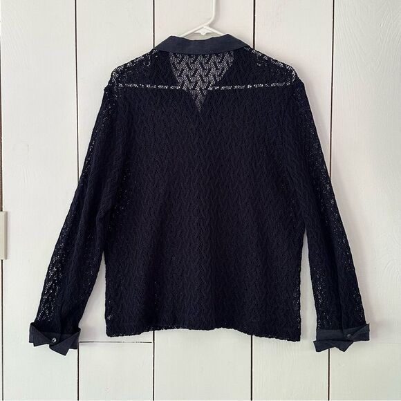 VTG Lace Collared Button-Up Top Sz M Navy Vamp Romantic Goth - Picture 2 of 6
